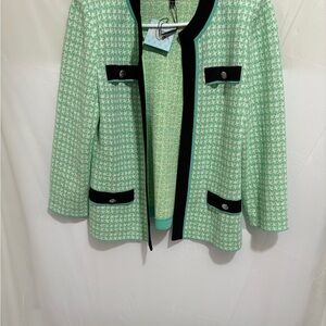 Women's Mint Green Houndstooth Open Front Jacket with Black Trim